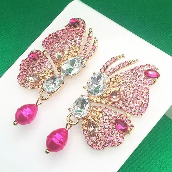 EARRINGS! Betsey Johnson Butterfly Pink Gemstone Post Earrings BNWT - Picture 3 of 3